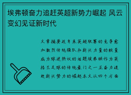 埃弗顿奋力追赶英超新势力崛起 风云变幻见证新时代 埃弗顿奋力追赶英超新势力崛起 风云变幻见证新时代