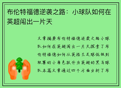 布伦特福德逆袭之路:小球队如何在英超闯出一片天 布伦特福德逆袭之路:小球队如何在英超闯出一片天