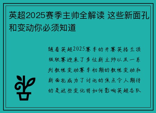 英超2025赛季主帅全解读 这些新面孔和变动你必须知道 英超2025赛季主帅全解读 这些新面孔和变动你必须知道